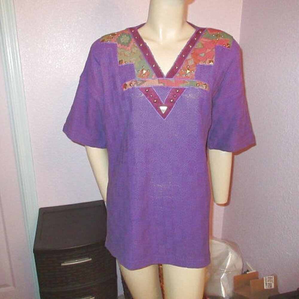 Vtg 80s Tapestry Embroidered Textured Knit Top Size XL Southwestern Boho Aztec